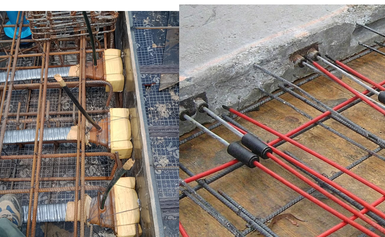 Comparison between bonded and unbonded post-tension tendon systems: bonded system with multiple strands inside a metal duct grouted after concrete casting, and unbonded system with a single greased strand inside a plastic sheath